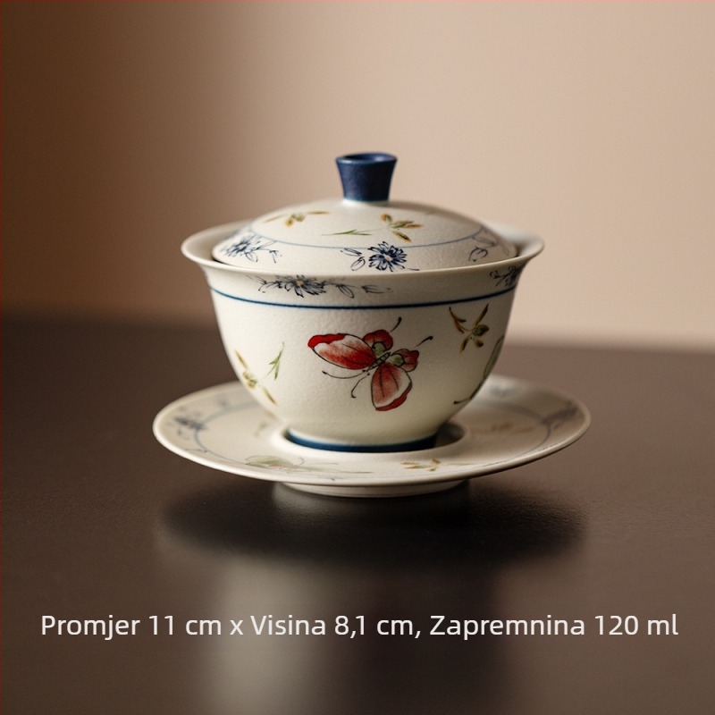 Antikni Kung Fu čajni set s dizajnom ružičaste leptir-orkideje, uključuje gaiwan, čajne šalice i keramički čajnik — cjeloviti luksuzni set za čajnu sobu