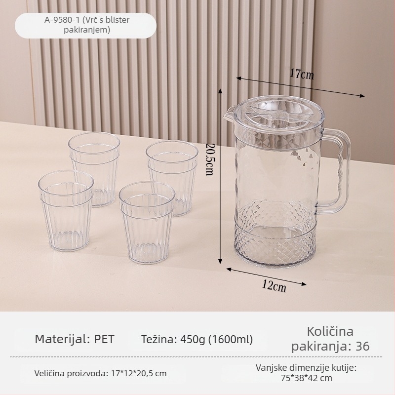 Prozirna plastična posuda za vodu velikog kapaciteta, pogodna za sokove i hladna pića, s pozlaćenim rubom i uzorkom ledenog kristala, s pladnjem za šalice