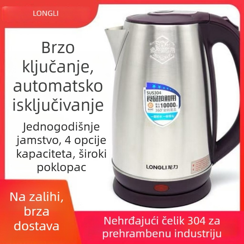 Longli električni kuhalo vode, 2,5 L, od nehrđajućeg čelika 304, zaštita od opeklina, automatsko isključivanje, brzo zagrijavanje, 1500–2000W, baza s 360° rotacijom