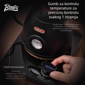 Bincoo Električni čajnik s inteligentnim upravljanjem temperaturom, nehrđajući čelik, uski izljev, za kavu i čaj, kućna uporaba