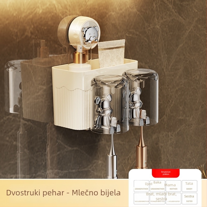 Držač četkice za zube s usisnom čašom za ispiranje, zidni bez bušenja, mehanizam za istiskivanje paste