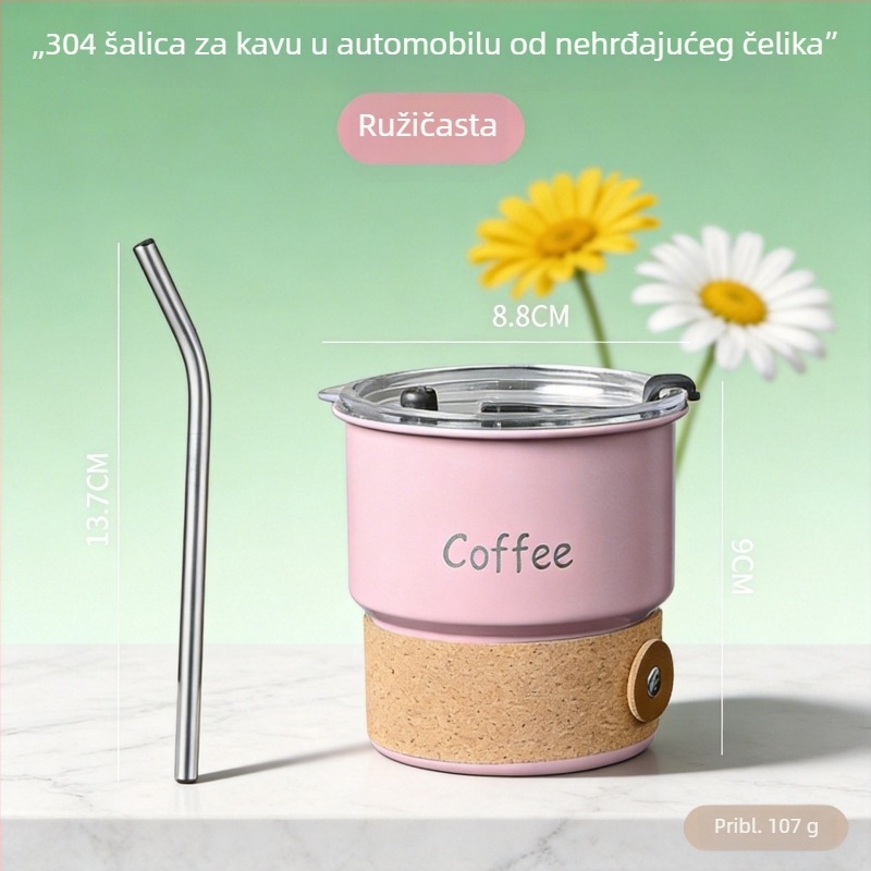 Šalica za kavu od 304 nehrđajućeg čelika s poklopcem i slamkom, elegantan lagani luksuz, prijenosna za putovanja, zatvoren set, vrhunska kvaliteta