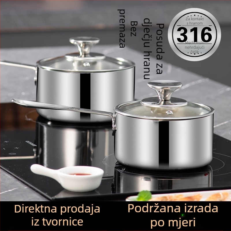 Lonac za mlijeko od 316 L nehrđajućeg čelika s debelim dnom, kompatibilan s indukcijom, višenamjenski lonac s prozirnim staklenim poklopcem
