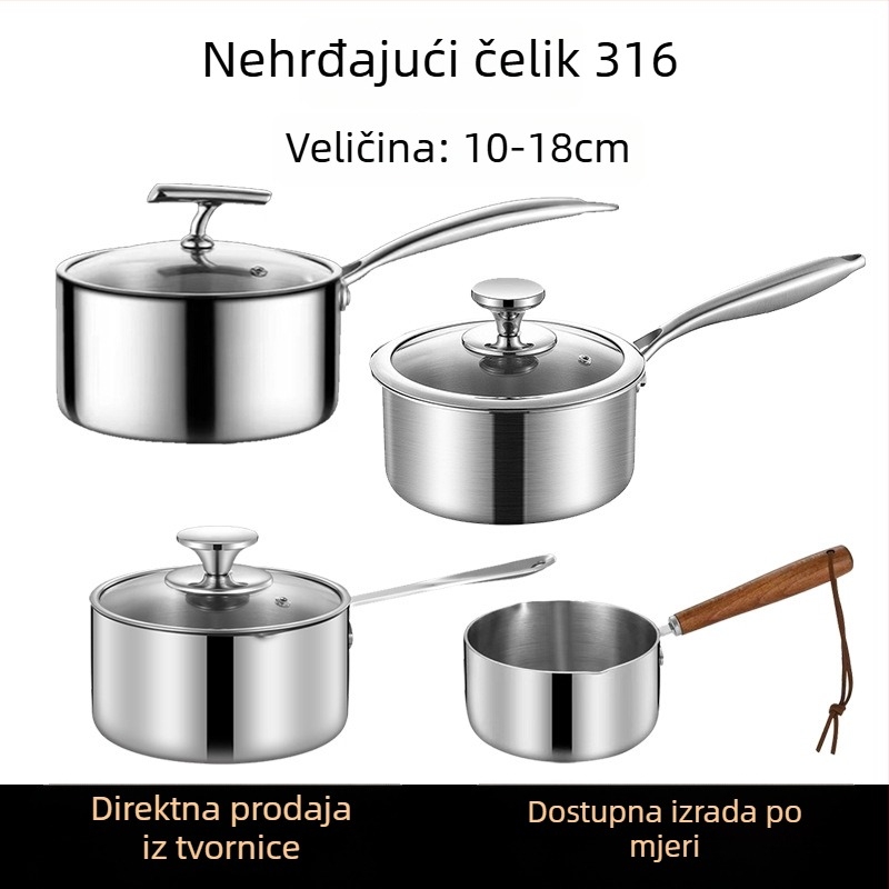 Lonac za mlijeko od 316 L nehrđajućeg čelika s debelim dnom, kompatibilan s indukcijom, višenamjenski lonac s prozirnim staklenim poklopcem