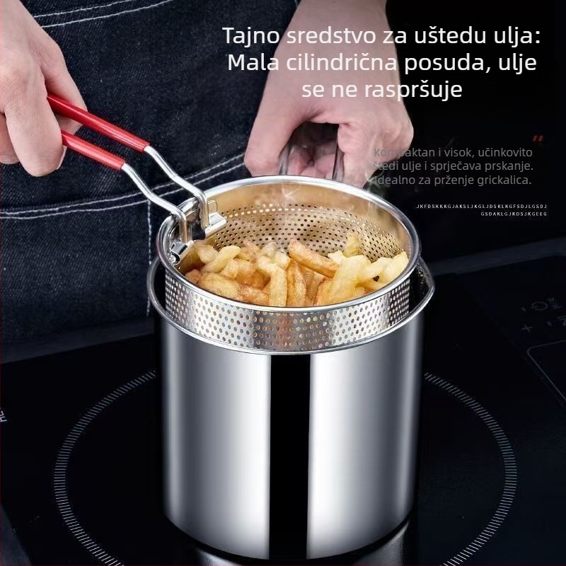 Nehrđajući čelik, višenamjenska posuda za prženje za kućnu upotrebu, mala posuda s košarom za prženje i poklopcem, kompatibilna s indukcijom, kompaktna i štedljiva na ulje