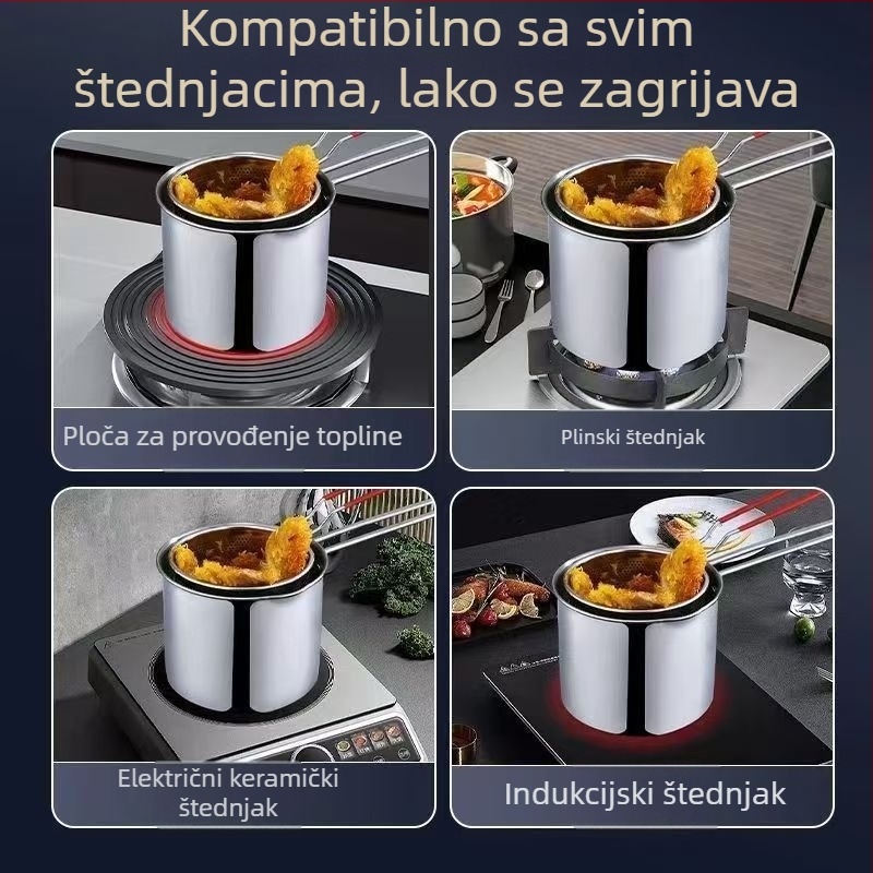Nehrđajući čelik, višenamjenska posuda za prženje za kućnu upotrebu, mala posuda s košarom za prženje i poklopcem, kompatibilna s indukcijom, kompaktna i štedljiva na ulje
