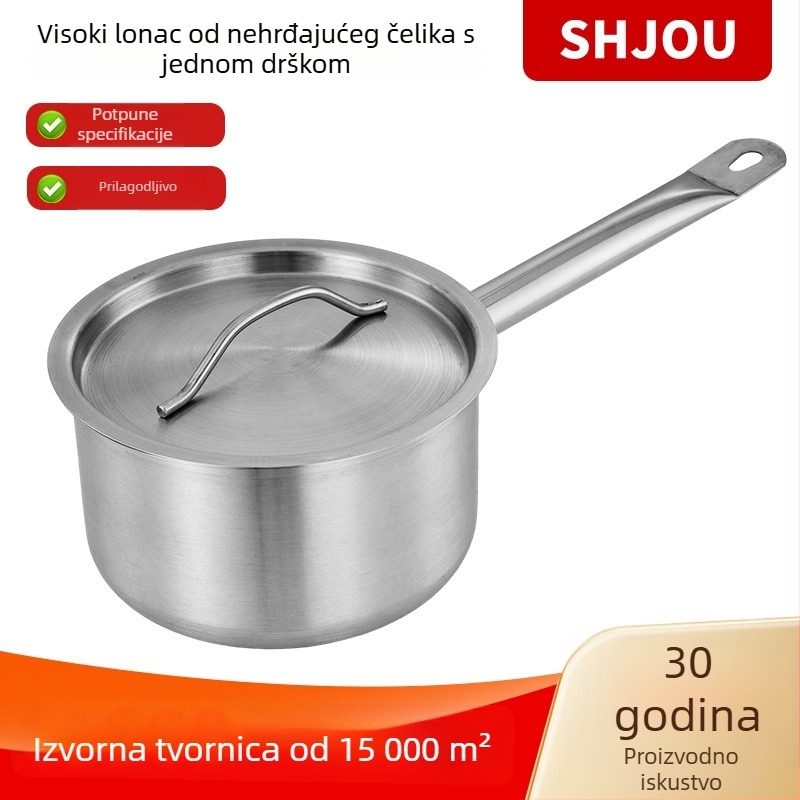 Lonac od nehrđajućeg čelika za umake s jednom dugom ručkom i visokim stranama, pogodan za plin i indukciju; kompaktni lonac za juhu s višeslojnim dnom i debelim dnom za mlijeko