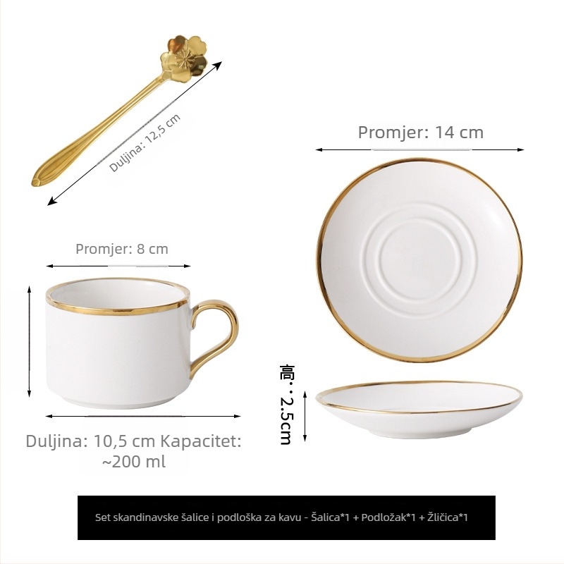 Nordijski stil keramička šalica za kavu i podmetač s zlatnim rubom – elegantan minimalistički set za kućnu upotrebu i poslijepodnevni čaj