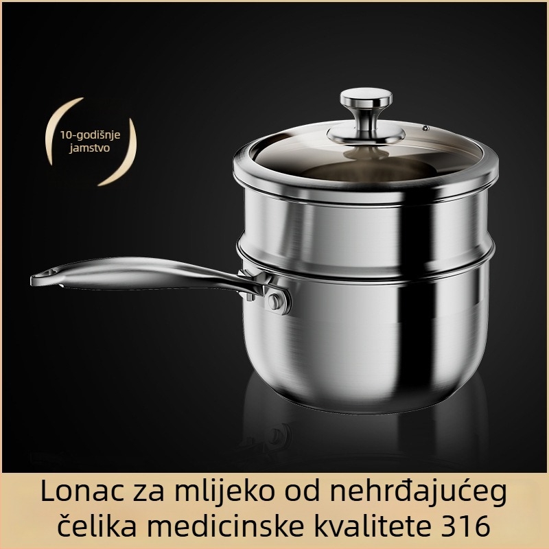 Nerđajući čelični mali lonac za mlijeko namijenjen bebjoj hrani, kvaliteta hrane, neprijanjajuća površina, staklena poklopca, za grijanje mlijeka, juha i rezanaca kod kuće.