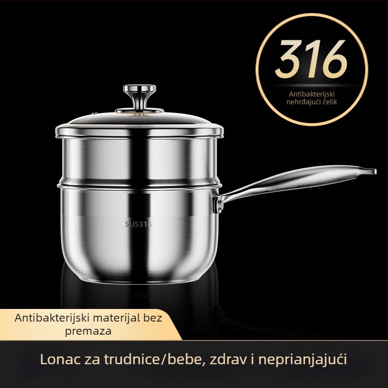 Nerđajući čelični mali lonac za mlijeko namijenjen bebjoj hrani, kvaliteta hrane, neprijanjajuća površina, staklena poklopca, za grijanje mlijeka, juha i rezanaca kod kuće.