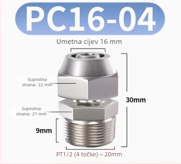 Brzi spoj za zračnu cijev, niklirano-medenkasti premaz, pravokutni pneumatski spoj s zaključnim navojem, vanjski Imperial navoj, PC8-02