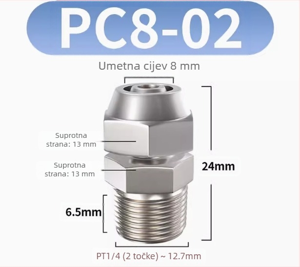 Brzi spoj za zračnu cijev, niklirano-medenkasti premaz, pravokutni pneumatski spoj s zaključnim navojem, vanjski Imperial navoj, PC8-02