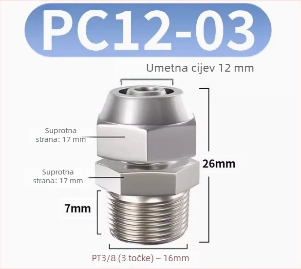 Brzi spoj za zračnu cijev, niklirano-medenkasti premaz, pravokutni pneumatski spoj s zaključnim navojem, vanjski Imperial navoj, PC8-02