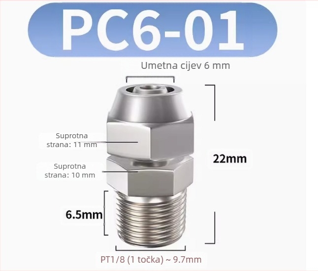 Brzi spoj za zračnu cijev, niklirano-medenkasti premaz, pravokutni pneumatski spoj s zaključnim navojem, vanjski Imperial navoj, PC8-02