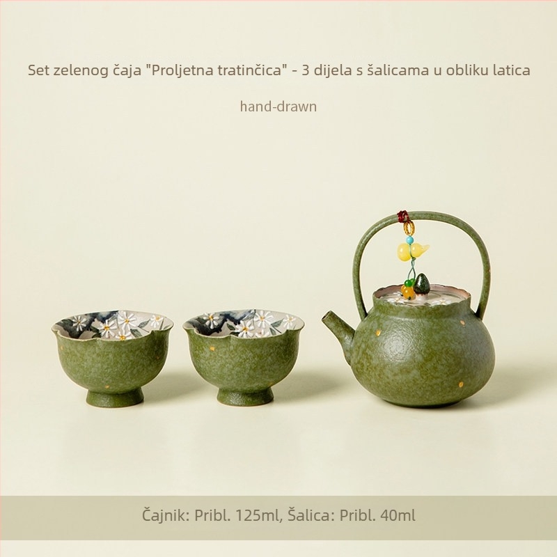 Gongfu čaj set u kineskom stilu s motivom zeleno-narančastih margareta, visokokvalitetni keramički čajnik s drškom, dvije šalice i porceljni pladanj za čaj