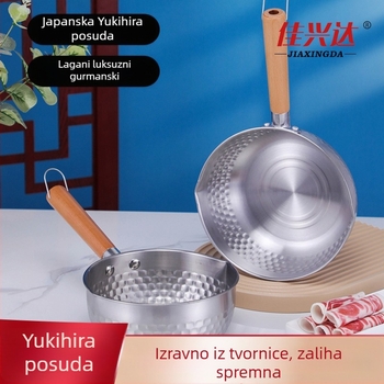 Nehrđajući čelik, japanskog stila, mala posuda za juhe s debelim drvenim držalom, ravno dno, višenamjenska posuda za juhe i rezance