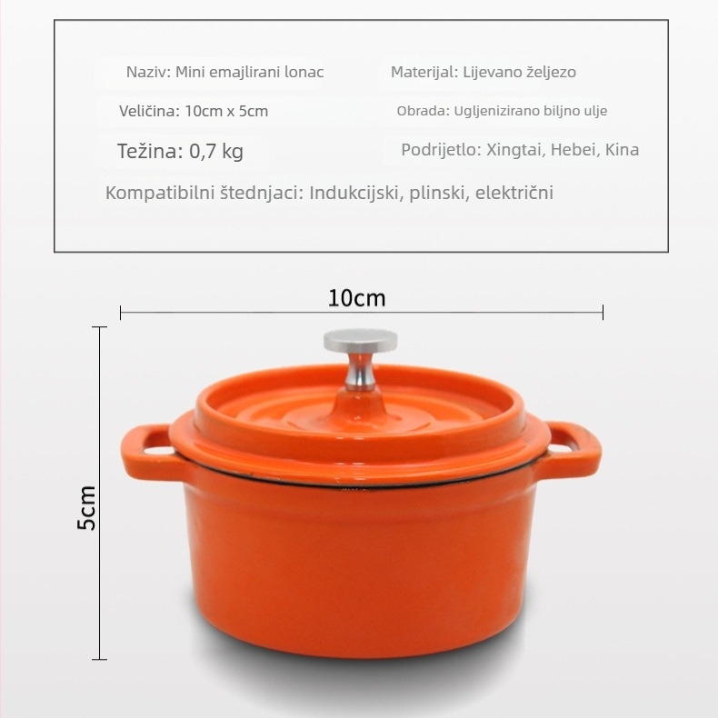 Lijevano željezna posuda od lijevanog željeza s emajlom, bez premaza, staromodni mini lonac za juhu (10 cm, 1,1–2 L)