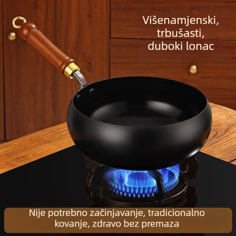 Veliki liatinasti wok za kućnu kuhinju, dubok, neprijanjajući, kineski tradicionalni stil