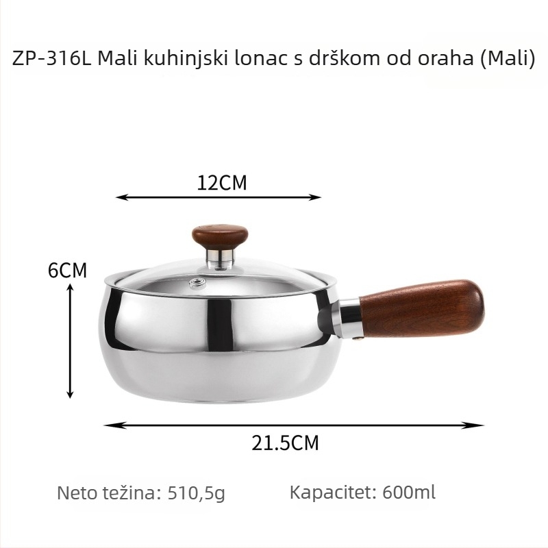 304 nehrđajući čelik, lonac za mlijeko s drškom od drveta, mali lonac za juhe i dječju hranu, grije mlijeko
