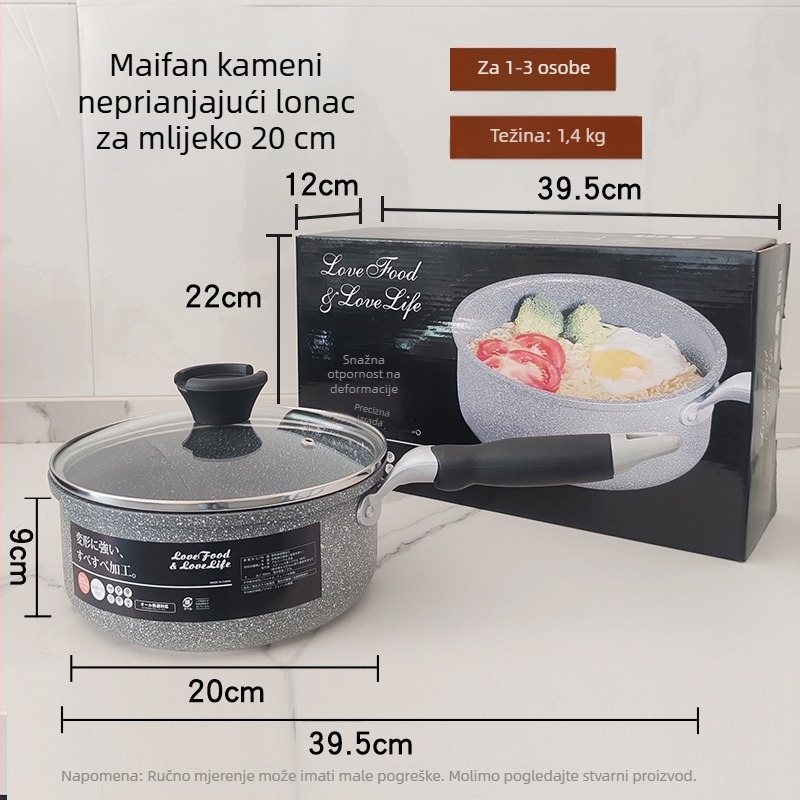 Maifan kamen mliječna posuda s šarenom kutijom, posuda za juhu s jednom drškom, neprelijepljiva aluminijska legura, dvostruko dno, debela, za rezance i juhu, promjer 18/20 cm