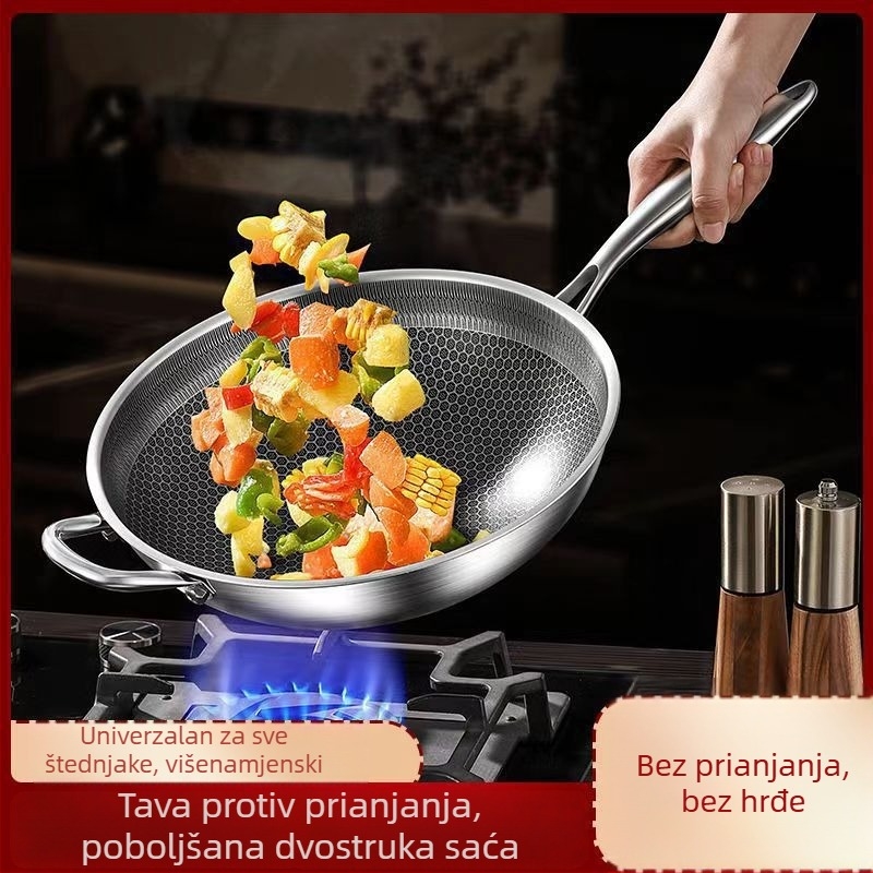 Tava od 304 nerđajućeg čelika s dvostrukim dnom i uzorkom saća meda, bez premaza, za kućnu upotrebu, promjer 32 cm, kompatibilna s plinskim i indukcijskim pločama