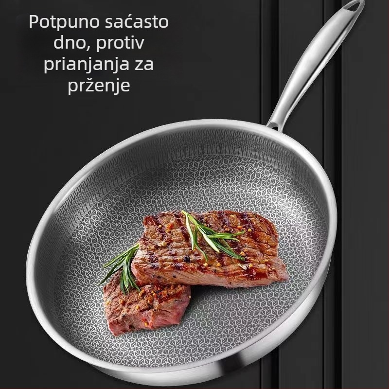 Tava od 304 nerđajućeg čelika s dvostrukim dnom i uzorkom saća meda, bez premaza, za kućnu upotrebu, promjer 32 cm, kompatibilna s plinskim i indukcijskim pločama
