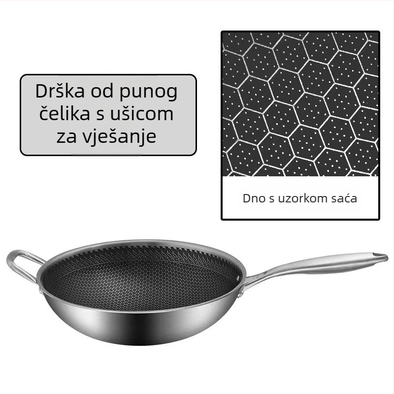 Debeli wok od nehrđajućeg čelika s dnom uzorka pčelinjih saća, neprijanjajući, pogodan za indukciju, višenamjenski