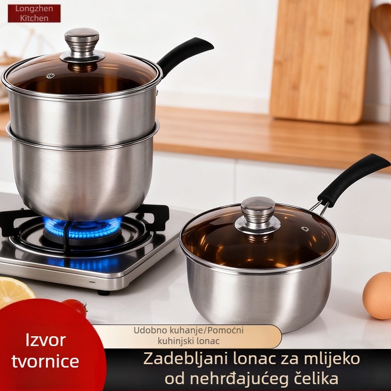 Nehrđajući čelik lonac za mlijeko, 18 cm, debelo dno, stakleni poklopac, kompatibilan sa indukcijskim pločama, kompaktni lonac za mlijeko