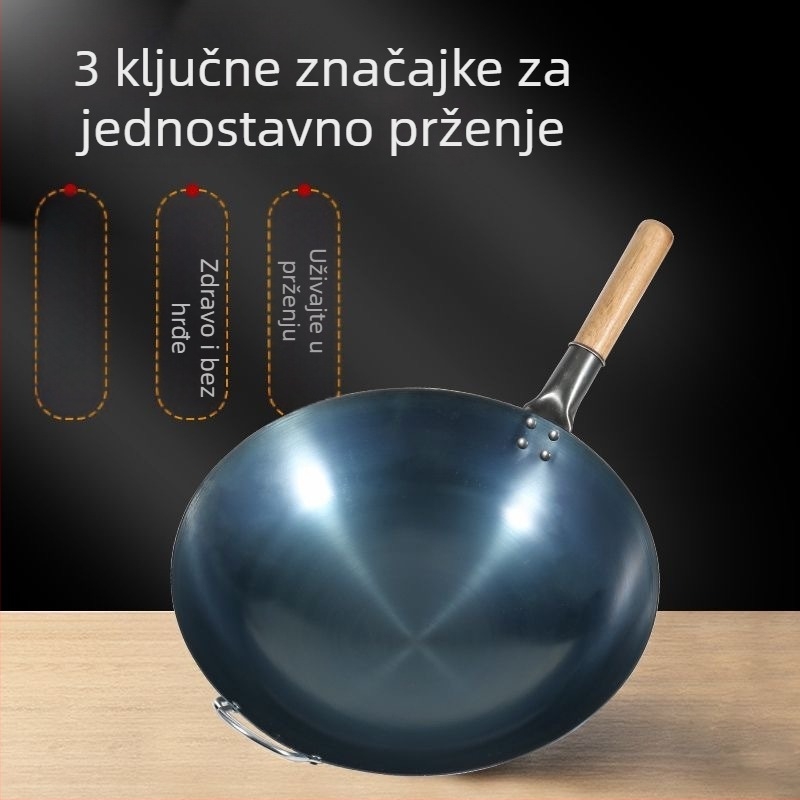 Tradicionalni wok od lijevanog željeza s okruglim dnom, bez premaza, za kućnu i profesionalnu upotrebu