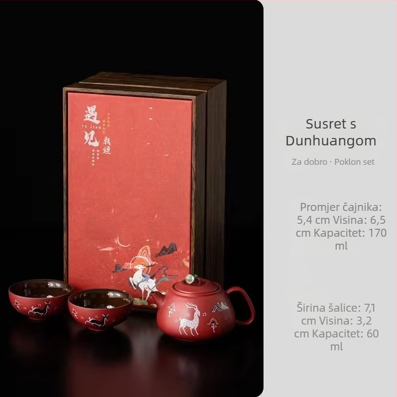 Dunhuang kulturno-umjetnički čajni set s motivom jelena, 1 čajnik i 2 šalice u poklon kutiji