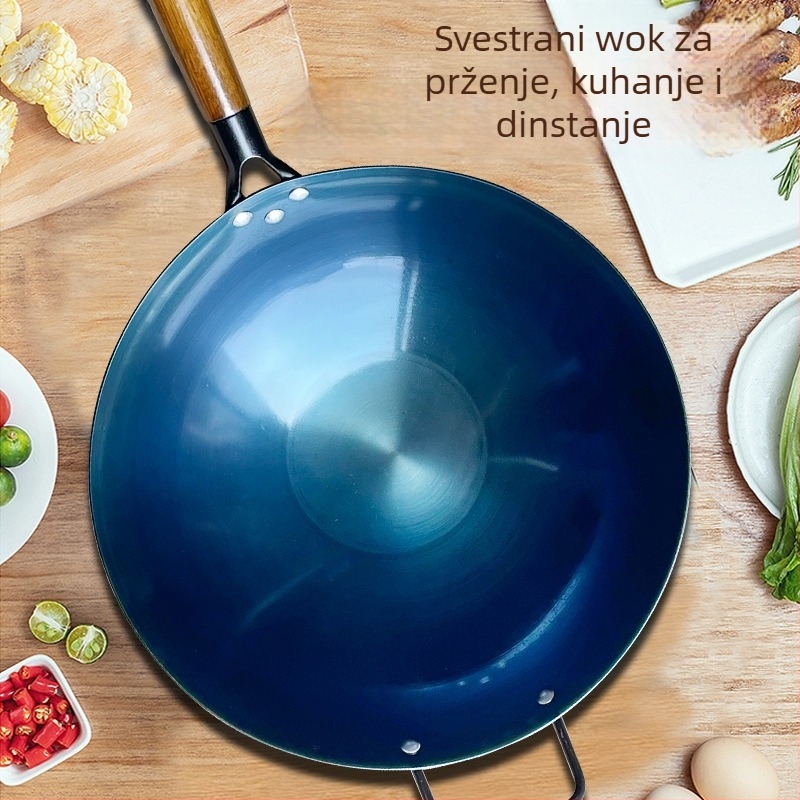 Wok od lijevanog željeza bez premaza, s dvije ručke, okruglo dno, pogodan za plinski štednjak, kućna uporaba