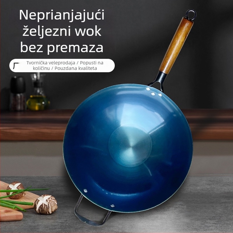 Wok od lijevanog željeza bez premaza, s dvije ručke, okruglo dno, pogodan za plinski štednjak, kućna uporaba