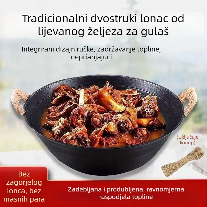 Tradicionalna posuda od lijevane željeza s dvije ručke, debelo zaobljeno dno, duboka posuda za kuhanje i tava za prženje, velik kapacitet, bez premaza, neprijanjajuća.