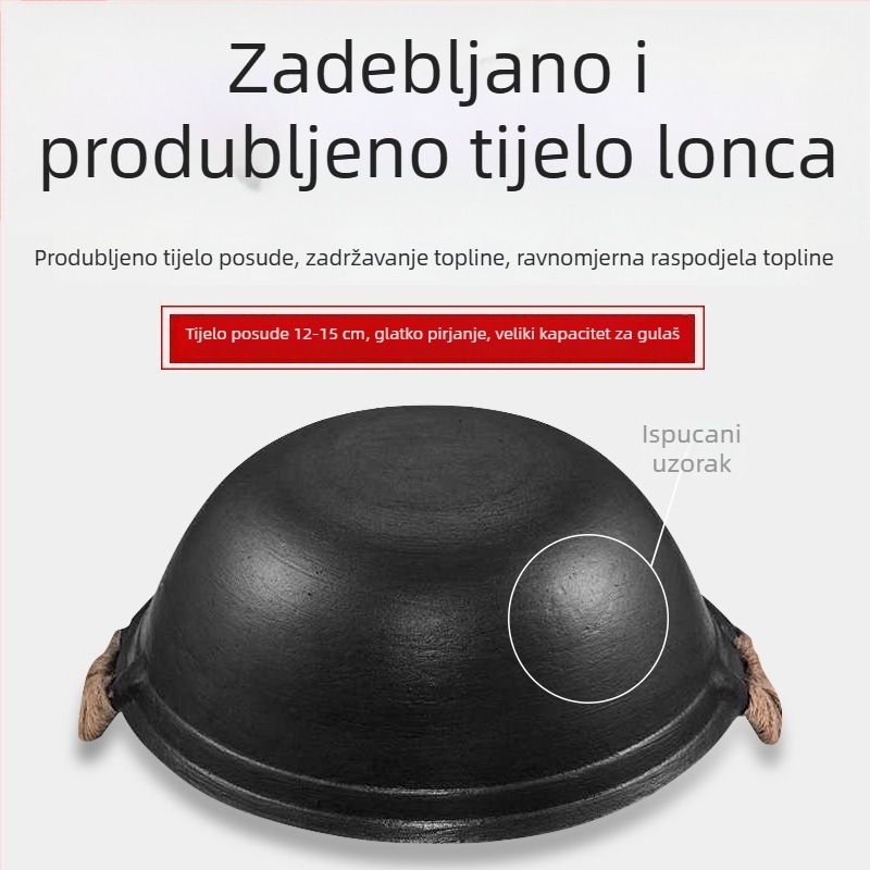 Tradicionalna posuda od lijevane željeza s dvije ručke, debelo zaobljeno dno, duboka posuda za kuhanje i tava za prženje, velik kapacitet, bez premaza, neprijanjajuća.