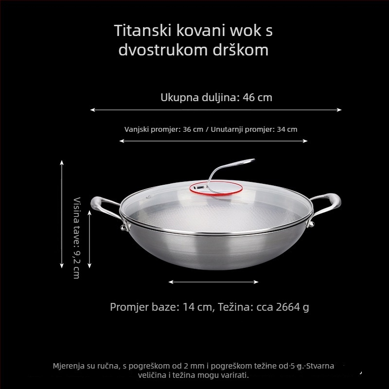 Wok od titanijevog legura s teksturom čekića, bez premaza, promjera 36 cm
