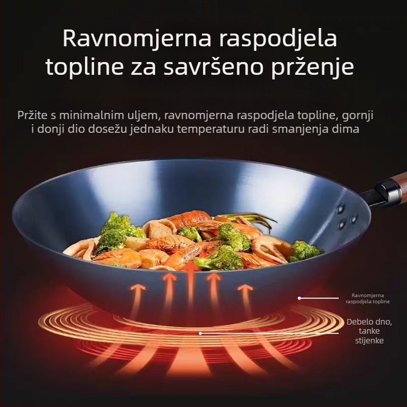 Lijevani željezni wok za kuhanje, pogodan za kućnu i komercijalnu upotrebu, kompatibilan s plinskim štednjakom, poklopac od nehrđajućeg čelika sa staklenim prozorom