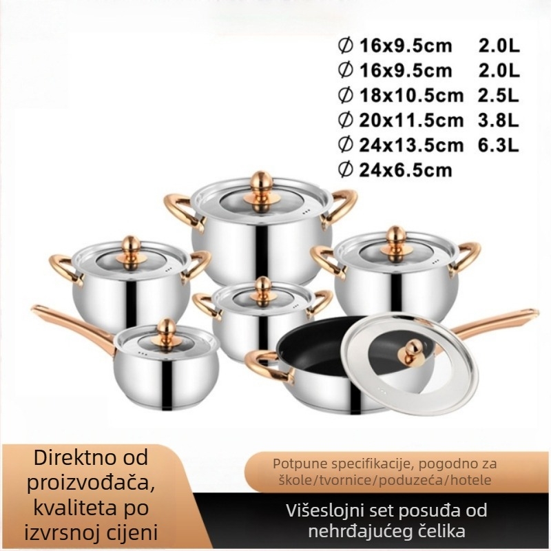 Set posuđa od nehrđajućeg čelika s trostrukim dnom, lonac za mlijeko u obliku bubnja, gusti lonac za juhu, tava s zlatom drškom, izdržljiv kuhinjski set u poklon kutiji