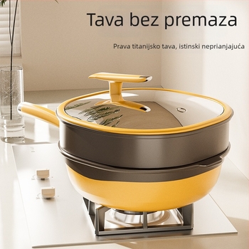 Titanijska duboka četverokutna tava za prženje, dvobojna, neprijanjajuća, bez ulja, bez dima, kućna ravna tava, titanov završni premaz kamena