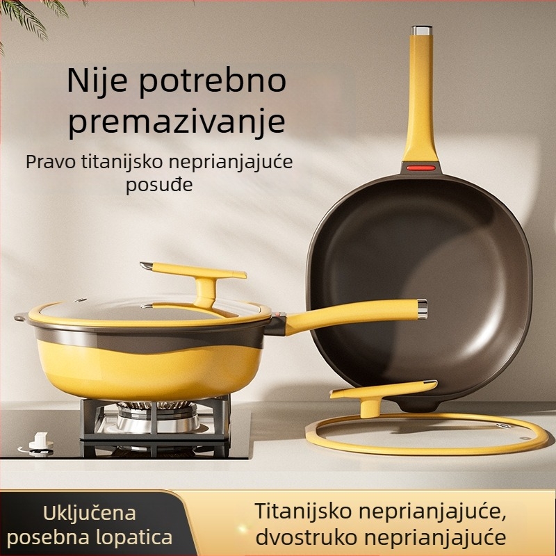 Titanijska duboka četverokutna tava za prženje, dvobojna, neprijanjajuća, bez ulja, bez dima, kućna ravna tava, titanov završni premaz kamena