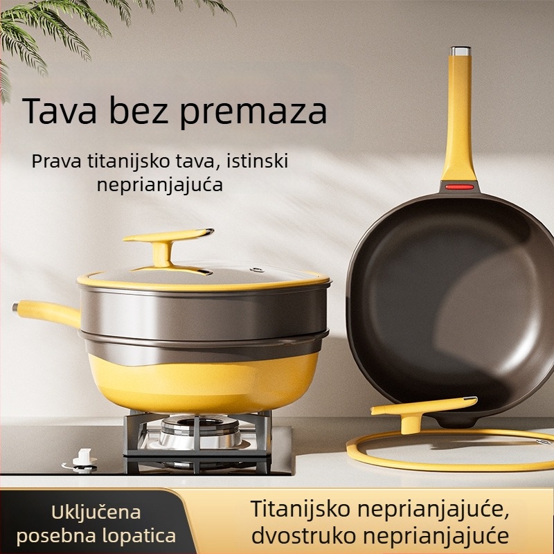 Titanijska duboka četverokutna tava za prženje, dvobojna, neprijanjajuća, bez ulja, bez dima, kućna ravna tava, titanov završni premaz kamena