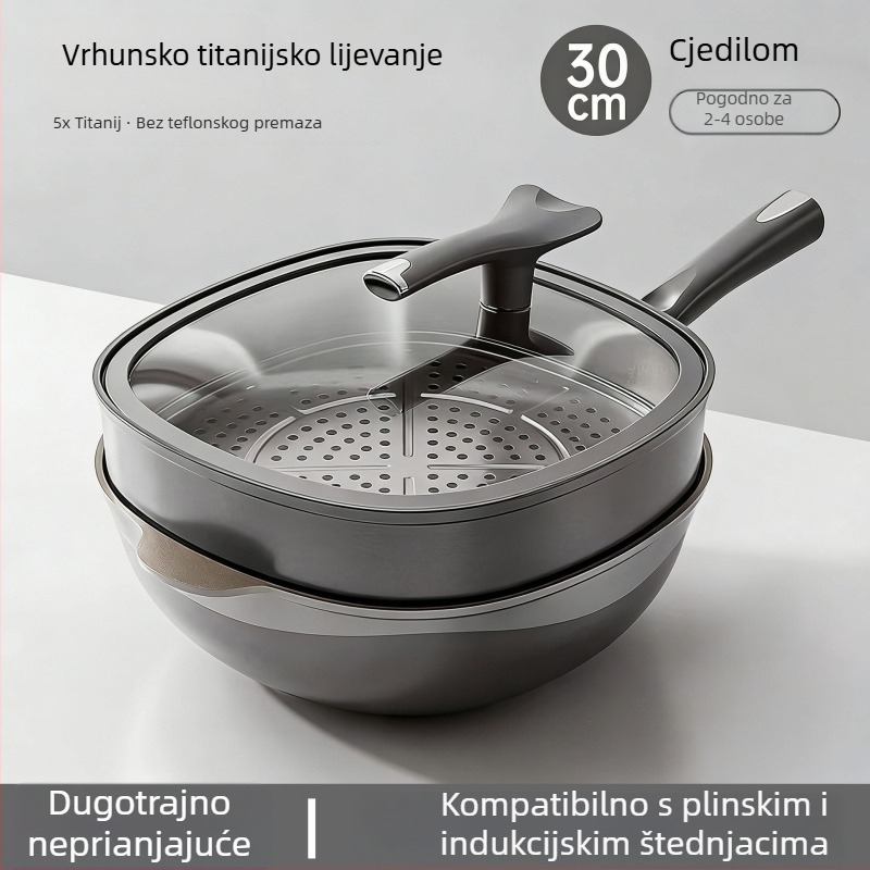 Titanijska duboka četverokutna tava za prženje, dvobojna, neprijanjajuća, bez ulja, bez dima, kućna ravna tava, titanov završni premaz kamena