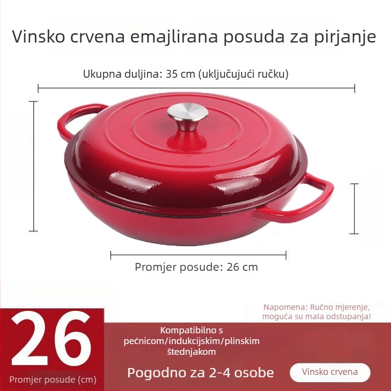 Lijevani željezni lonac s emajlom za dinstanje i pečenje, ravno dno, neprijanjajući, kompatibilan s indukcijom i plinom