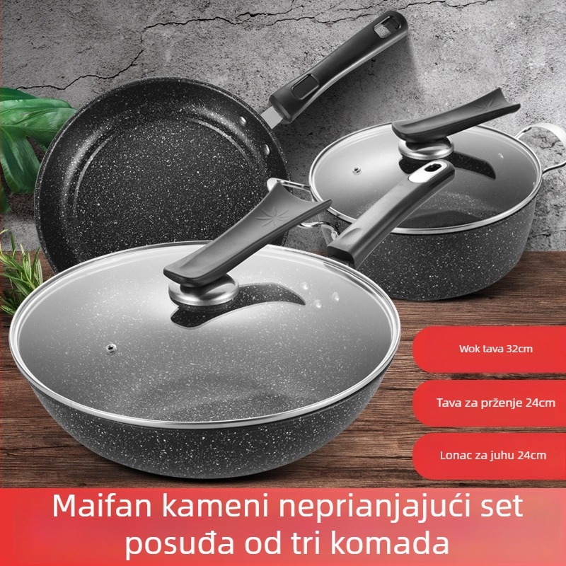 3-dijelni set posuđa od Maifan kamena, nealjepivim premazom, sa staklenim poklopcima