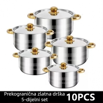 Desetodjelni set posuđa od nehrđajućeg čelika sa zlatnim ručkama, 18–26 cm, lonac za juhu s dvjema ručkama