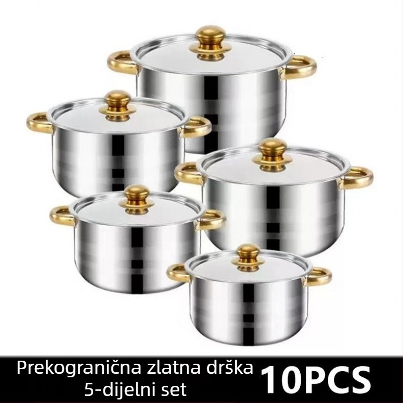 Desetodjelni set posuđa od nehrđajućeg čelika sa zlatnim ručkama, 18–26 cm, lonac za juhu s dvjema ručkama