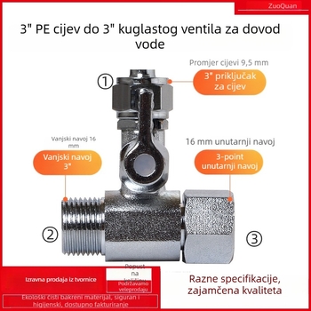 Troputni kuglični ventil za vodeni filtr, navoj 3/8 inča unutarnji/vanjski, za PE cijev promjera 1/4 inča