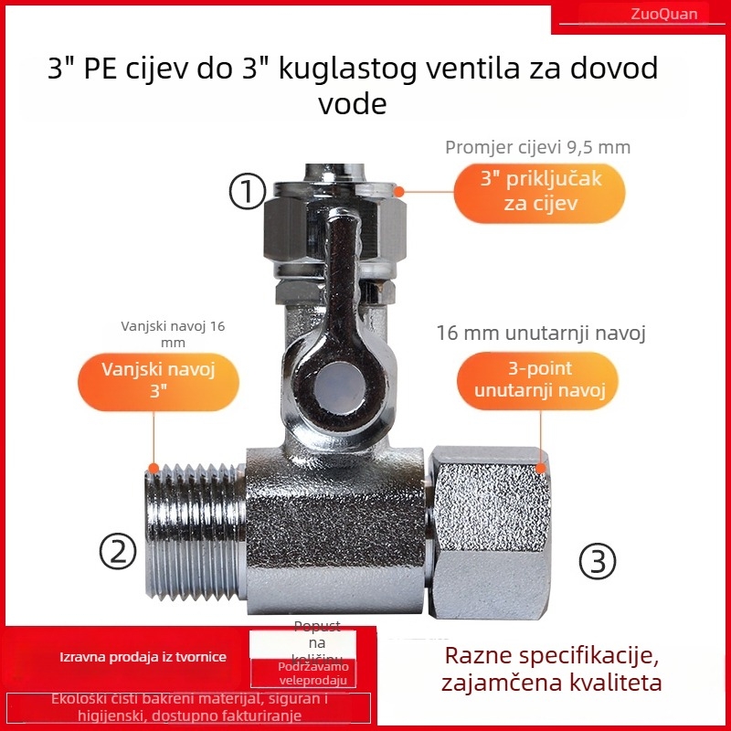 Troputni kuglični ventil za vodeni filtr, navoj 3/8 inča unutarnji/vanjski, za PE cijev promjera 1/4 inča