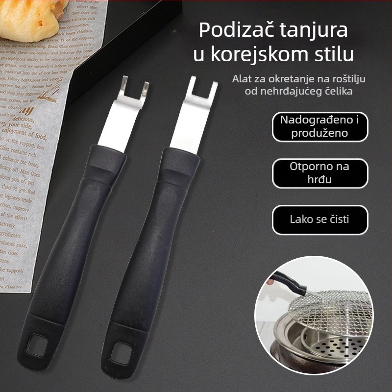 Set alata za roštilj od nehrđajućeg čelika s dugom držalom od 22 cm: vilica, dizalica za ugljen, štipaljke za vatru i izmjenjivač ugljena