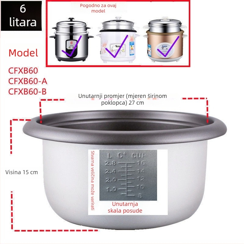 Unutarnja posuda za kuhalo riže s neprijanjajućim premazom, staromodni trokutasti oblik, model 2345, 1,5 L, dodaci