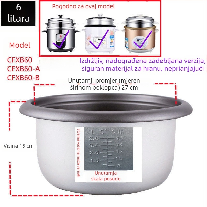 Unutarnja posuda za kuhalo riže s neprijanjajućim premazom, staromodni trokutasti oblik, model 2345, 1,5 L, dodaci